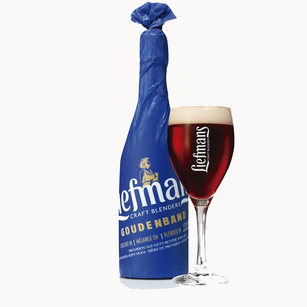 Liefmans Goudeband Garrafa Liefmans Goudenband 75 cl embrulhada em papel de seda azul com impressão do logotipo