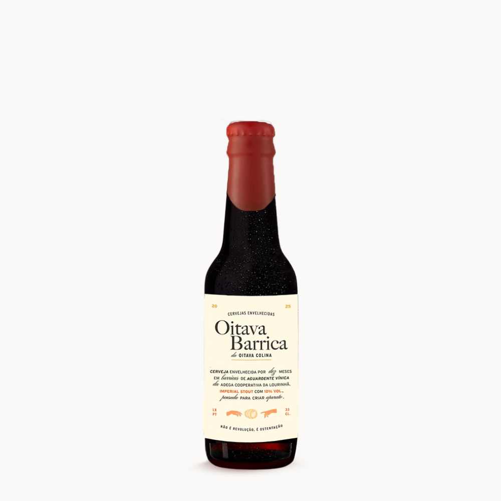oitava-Barrica garrafa cerveja artesanal Oitava Imperial Stout envelhecida em barricas de Aguardente da Lourinhã 10% ABV 33cl